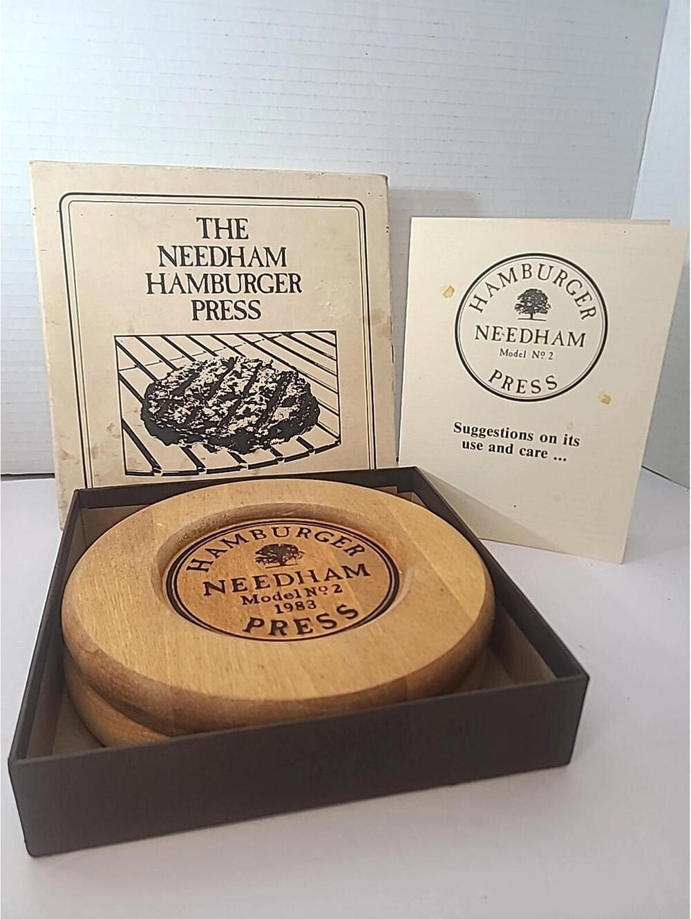 Vintage Needham Model No 2 1983 Wooden Hamburger Press With Original Box/Booklet